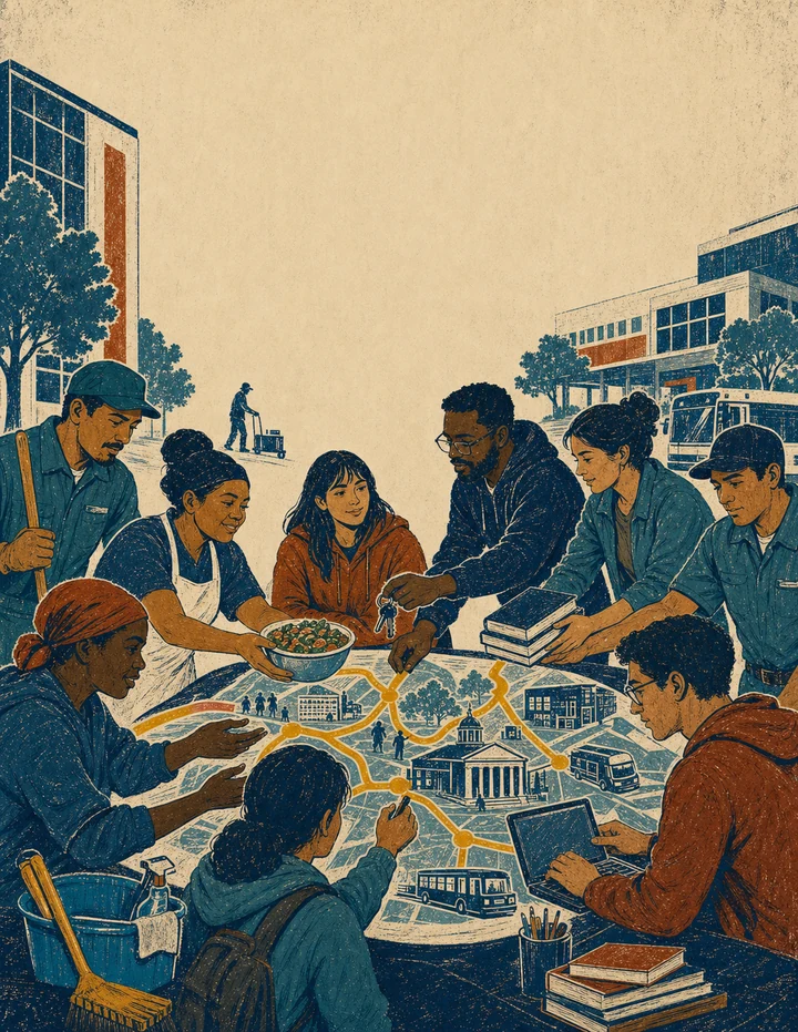 An illustration of campus workers and neighbors gathered with books, food, and tools