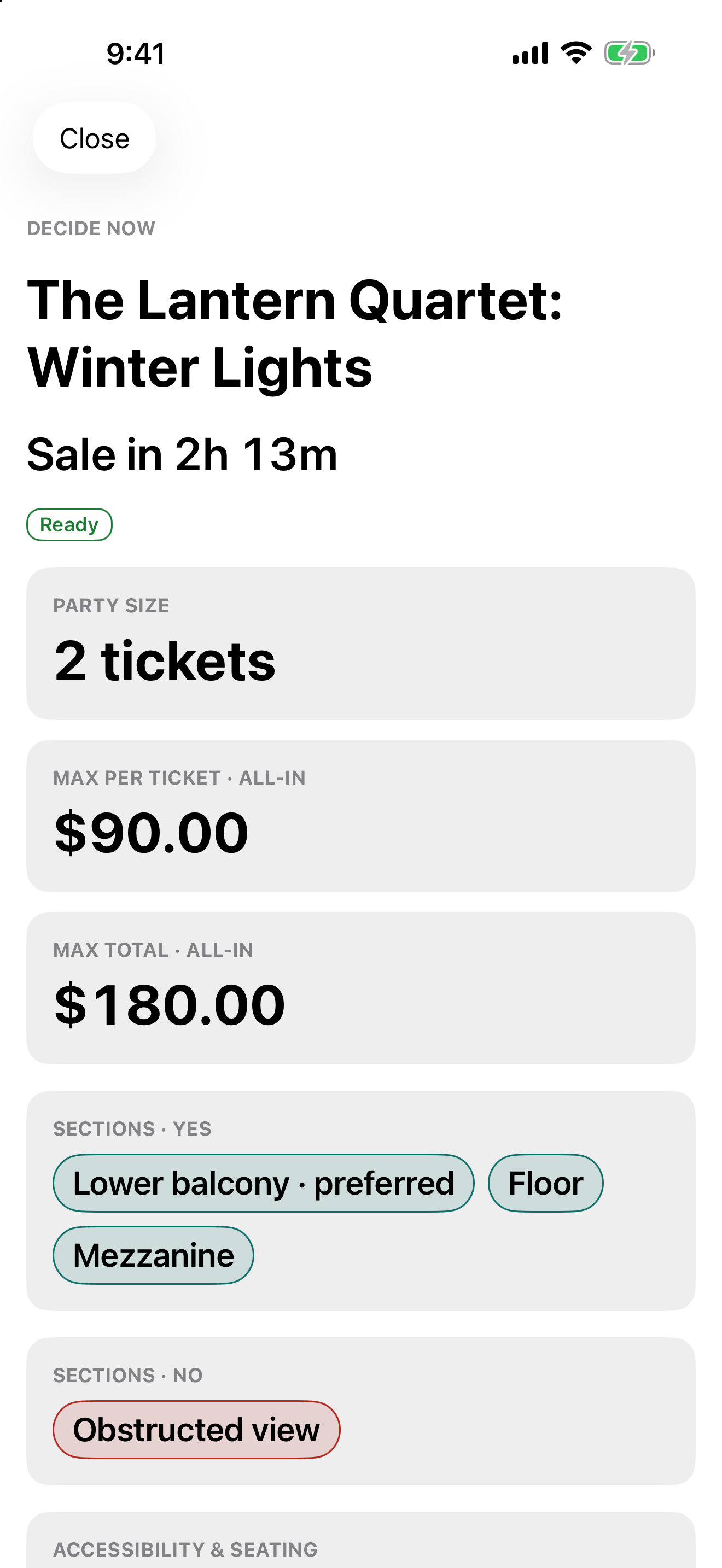 Large-type sample Decide Now card with two tickets, per-ticket limit and total budget.