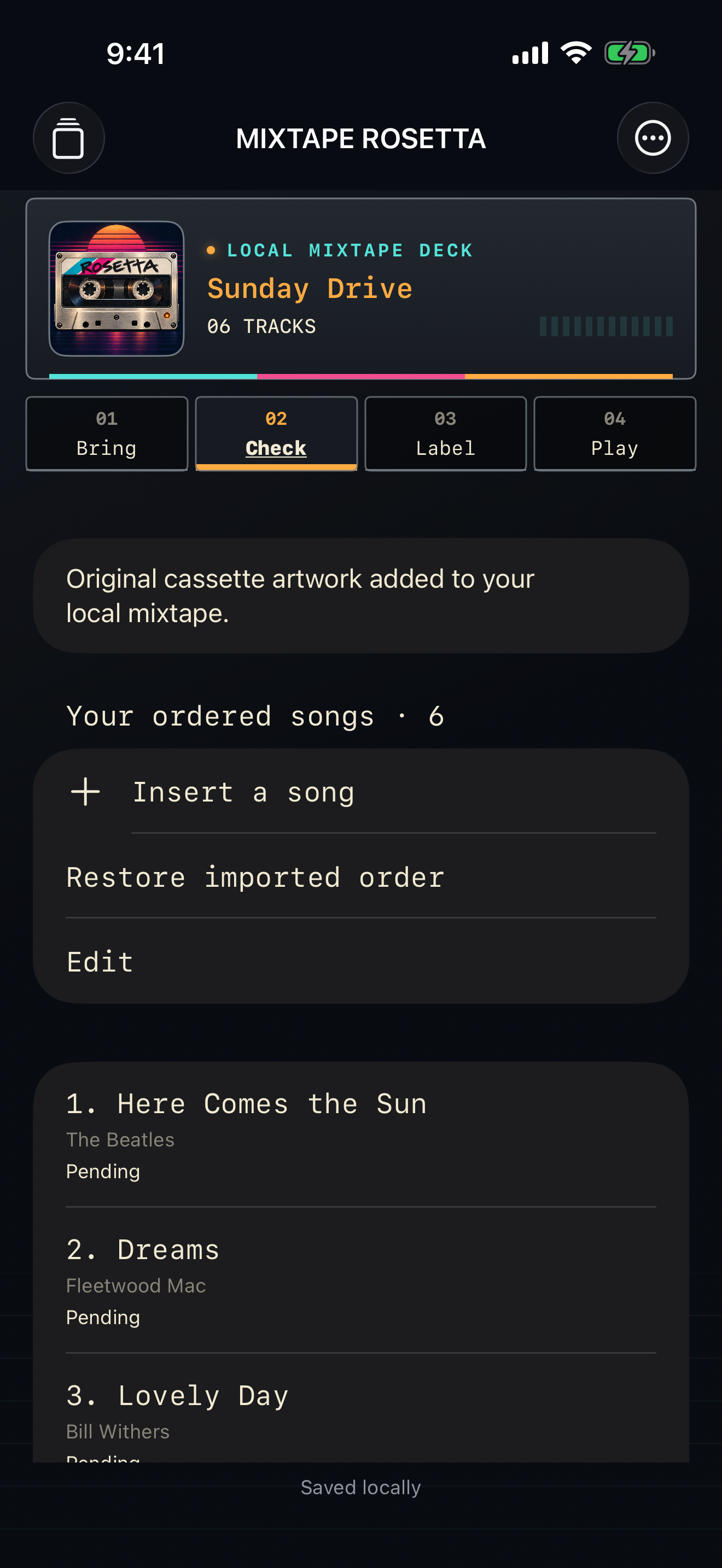 Ordered sample mixtape with choices to edit songs or restore import order.