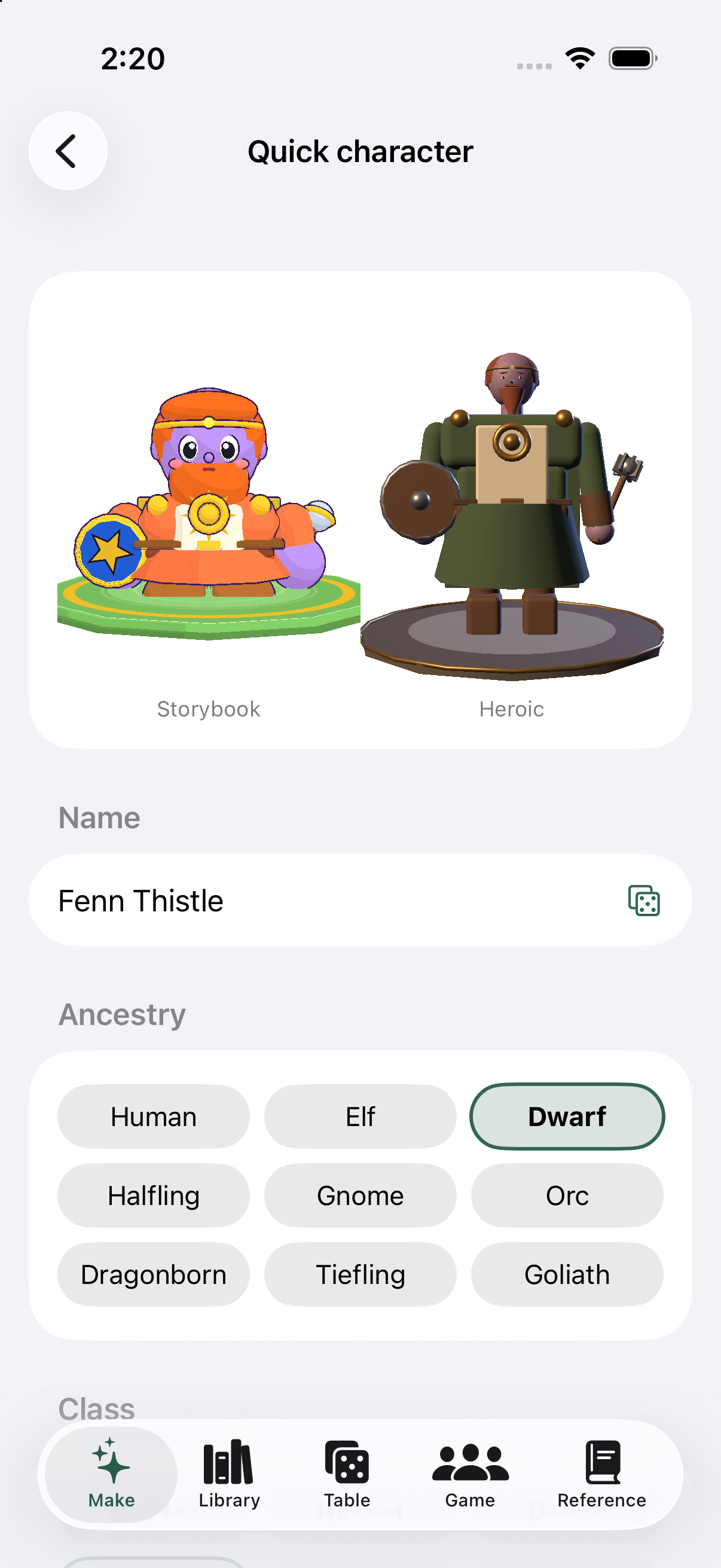 Choose a class and appearance in Pocket DM