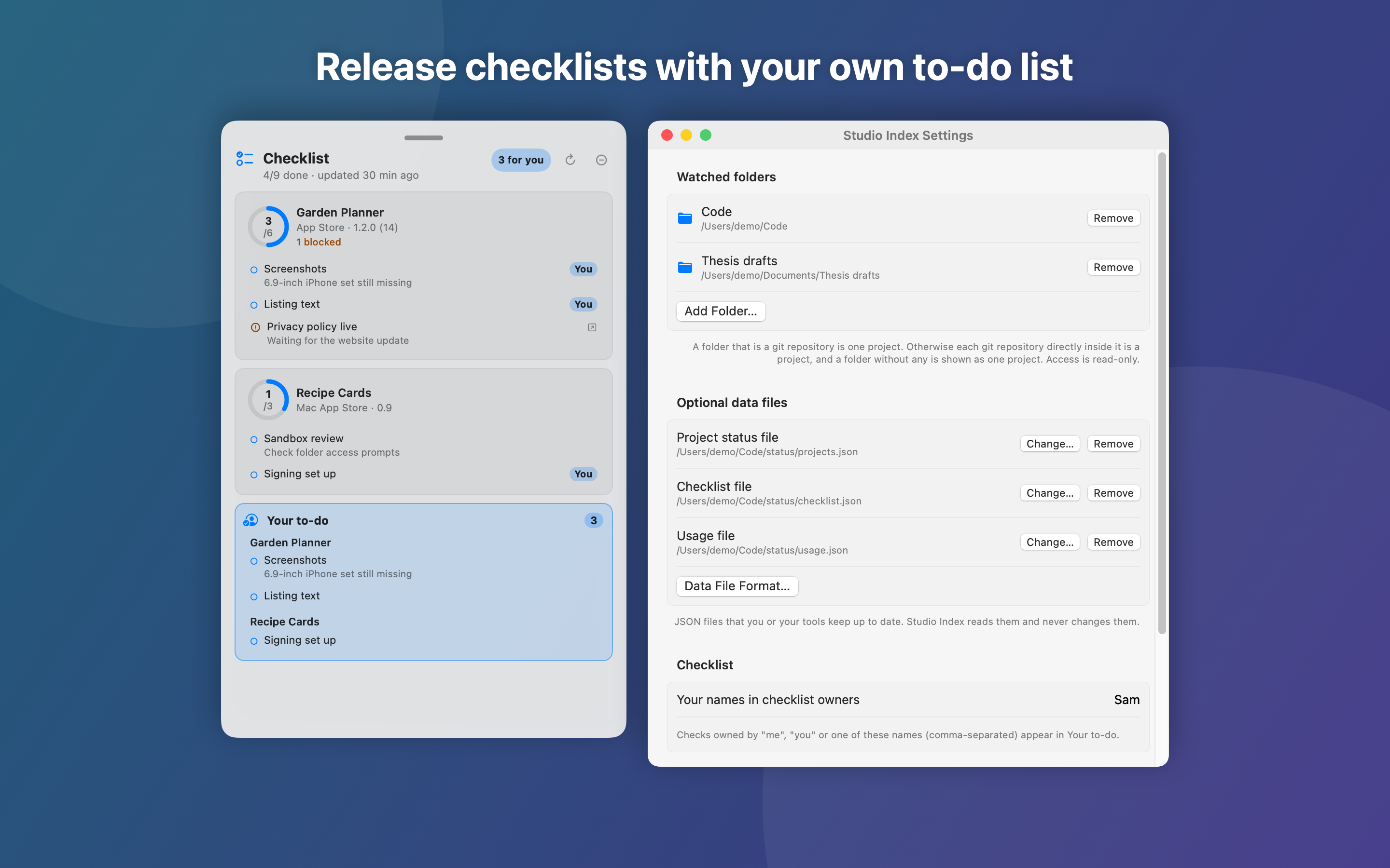 Follow a project checklist in Studio Index